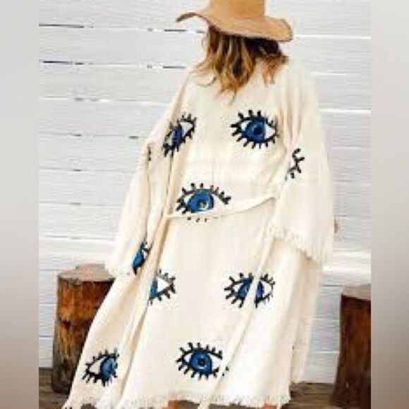 Handcrafted THIRD EYE 🪬🧿 ORGANIC KAFTAN Robe Cover Up Evil Protection Kimono - Picture 6 of 8